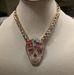 Betsey Johnson Gold Skull Necklace with Pink and Purple Floral Accents